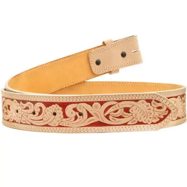 "Our beautiful Red Vine Leather Belt features natural, top-quality leather with a hand-painted base, detailed with an intricate tooling pattern of leaves and vines. To ensure durability and longevity, we’ve lined this piece with a second layer of top
